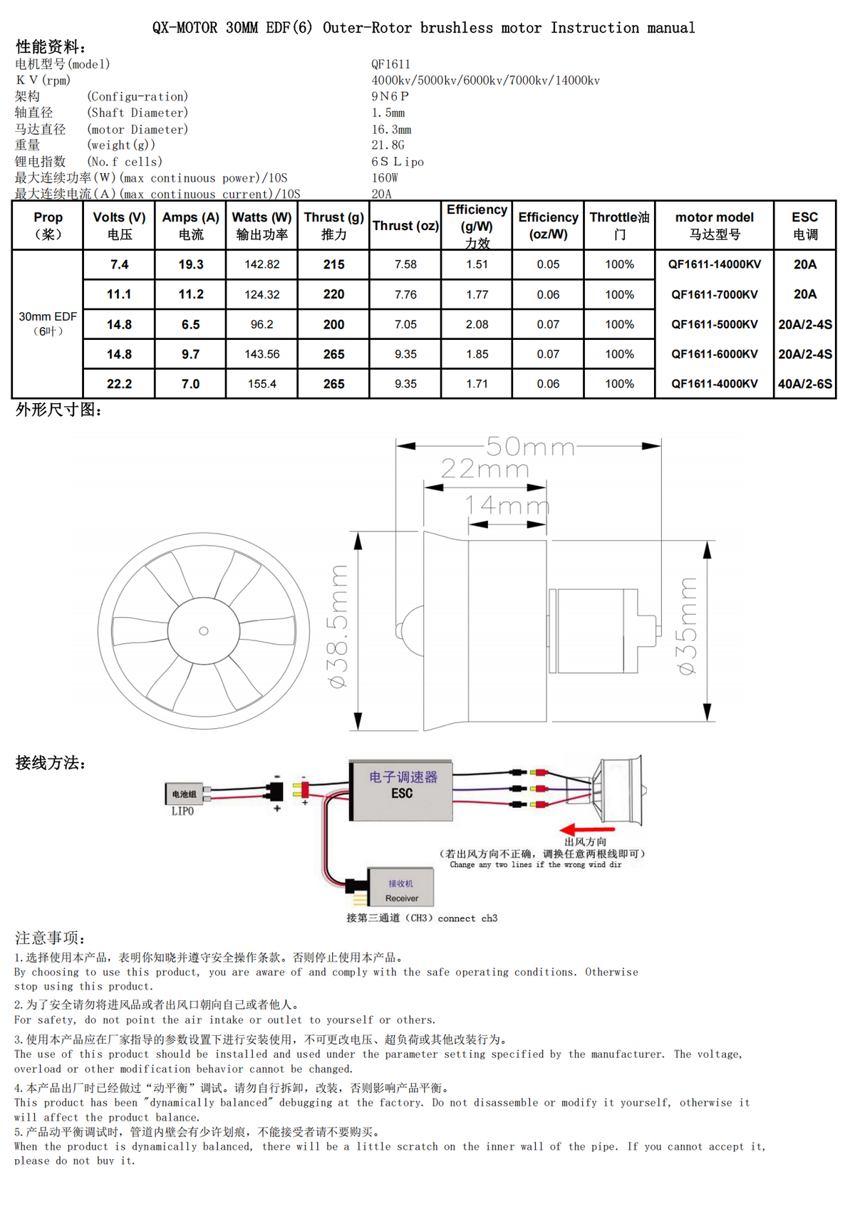 QX-Motor 30mm 6 Blades EDF Unit With QF1611 14000KV 7000KV 6000KV 5000KV 4000kv Brushless Motor