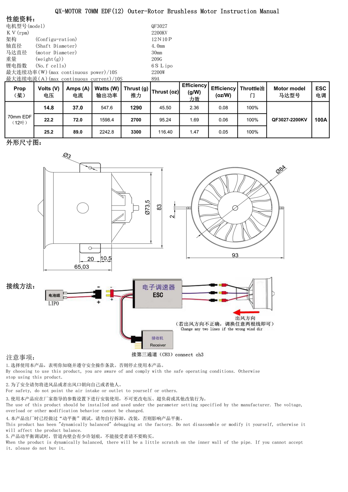 QX-Motor New 12 Blades Fan 70mm EDF  QF3027 2200KV 1100kv Brushless Motor CW CCW  For Remote Control Toy Accessories
