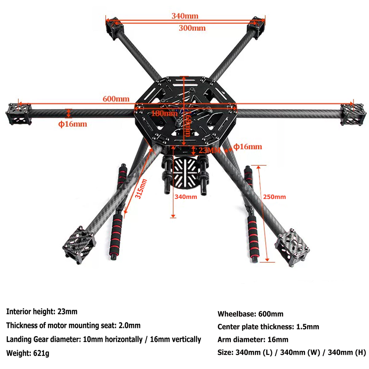 FPV Frame X6-X600 600mm Hexacopter Framework with Carbon Fiber Landing for RC Multicopter S550 SK500 Upgraded Version