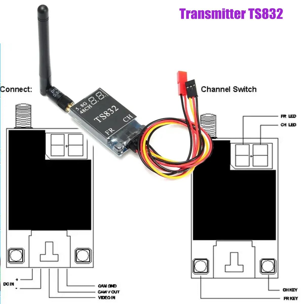48CH 5.8G 600mw 5km Wireless AV Transmitter TS832 +1000TVL Camera for RC Multirotor Helicopter Quadcopter Multiaxis Drone Fixed-wing Parts